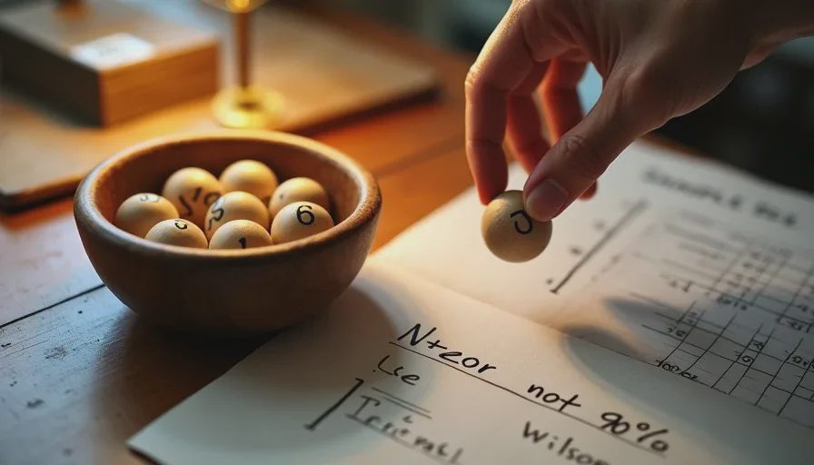 Hand drawing numbered balls from bowl beside handwritten sample-size and Wilson interval note.