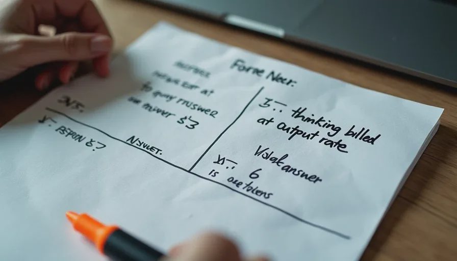 One-word visible answer beside large billed output token count, “thinking billed as output” note.