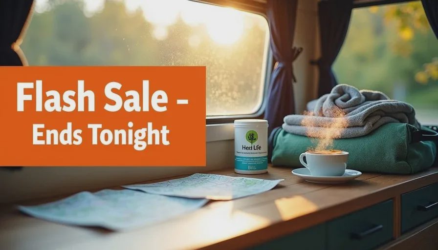 Camper van shelf with compressed towels and bulky damp towel.