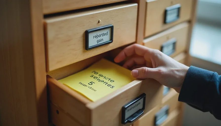 Five-drawer cabinet with one open “reported gain” drawer and pre-registration note.